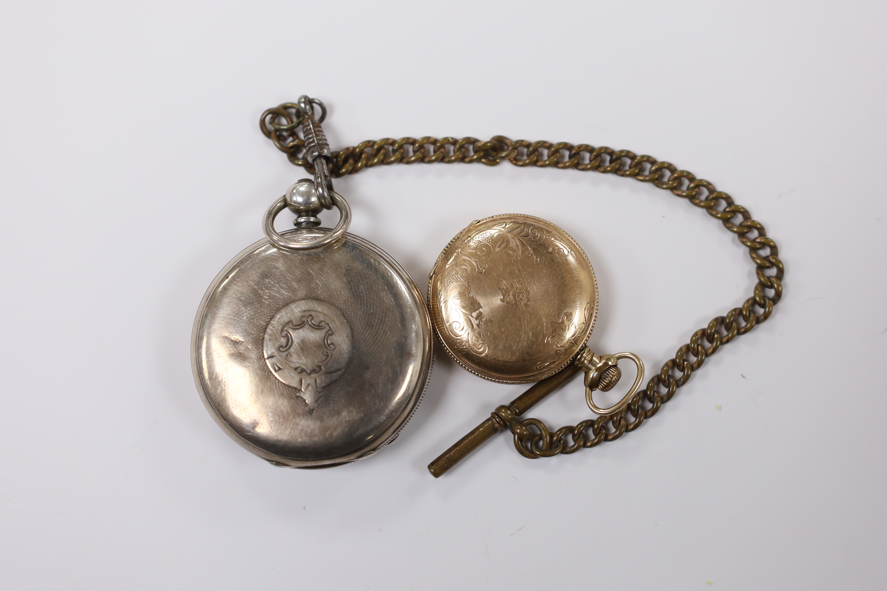 A Victorian silver open face pocket watch, with a gilt metal albert, together with a smaller gold plated Waltham hunter pocket watch.